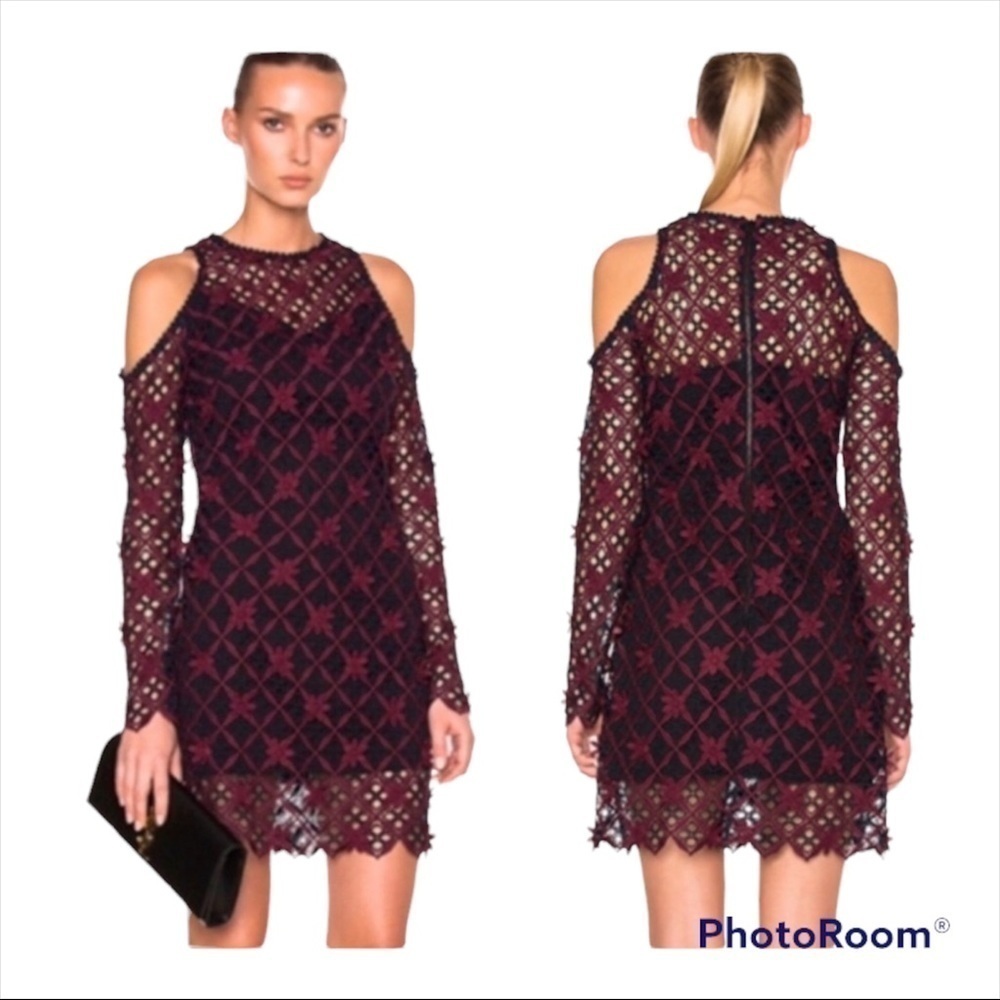 SELF-PORTRAIT Red Blue Guipure Lace Cold Shoulder Mini Dress Size 0 - Picture 10 of 14